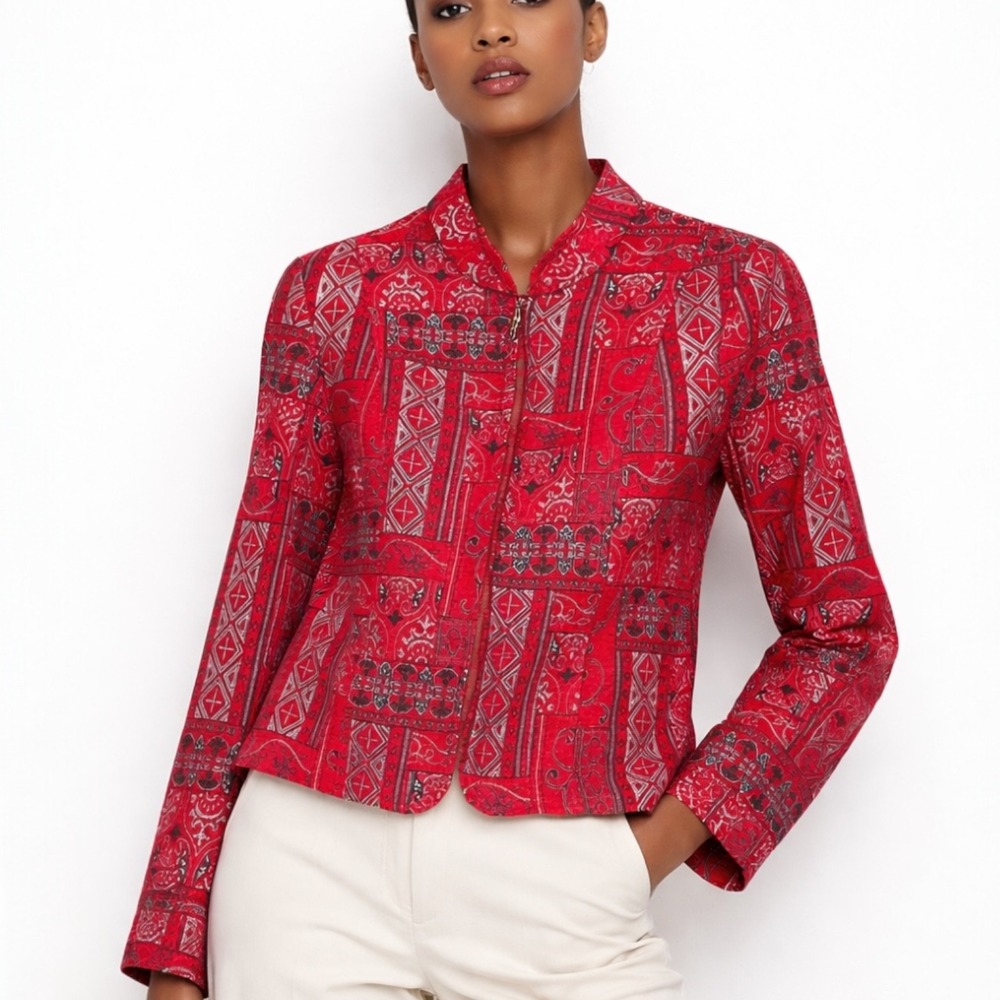 Molly & Maxx Red Tapestry Jacket M Boho Festival Zip‎ Up Ethnic Print Blazer